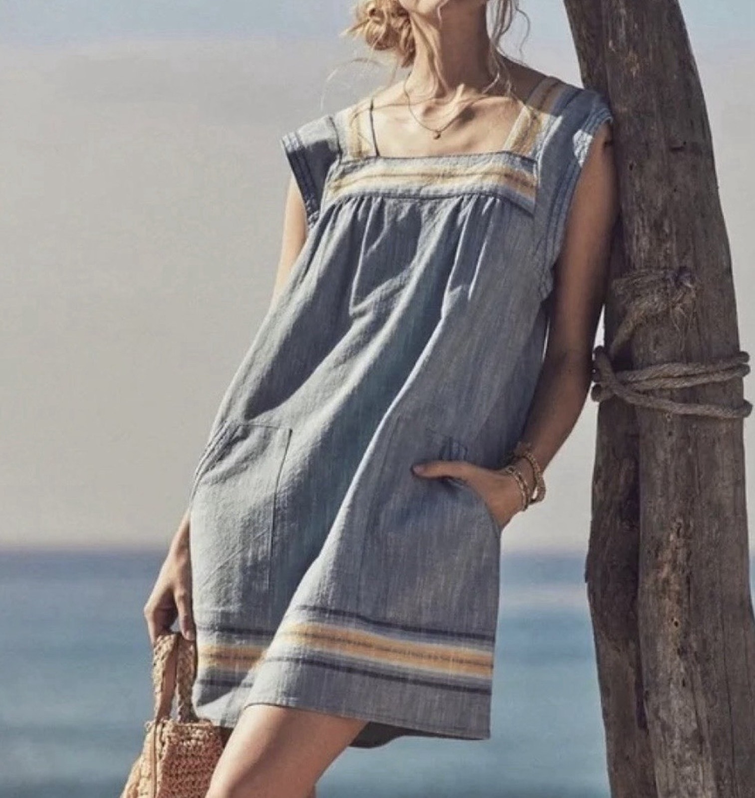 Faherty Women's Hailee Striped Blue Dress Xs 100% Cotton Pockets Sleeveless
